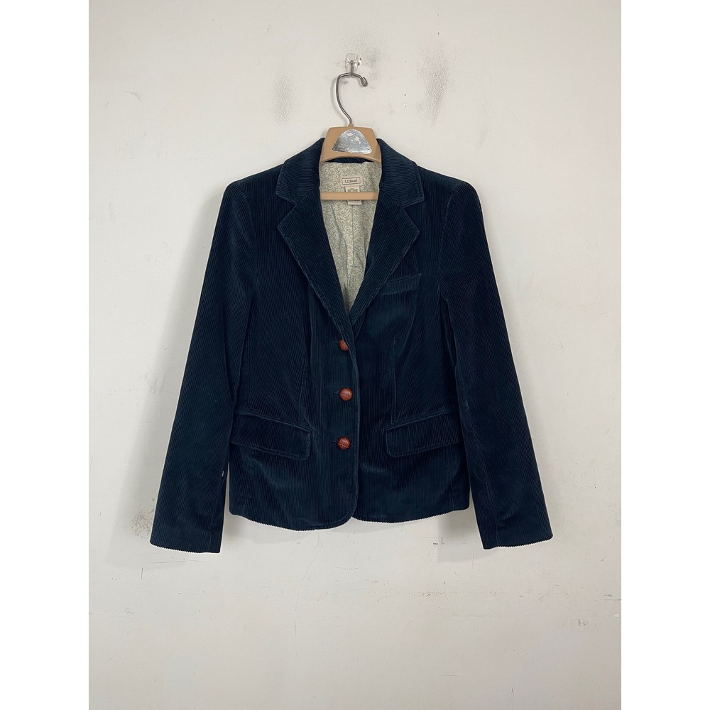 LL Bean Women Navy Blue‎ Corduroy Blazer Jacket Dog Print Lining Size 12 Reg